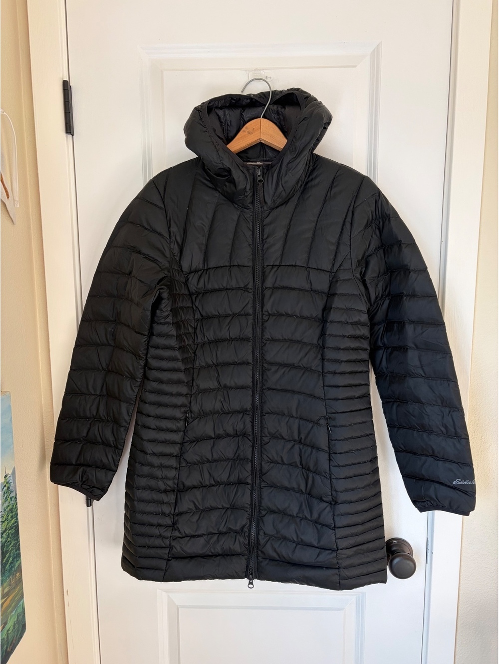 Eddie Bauer long puff jacket with hood